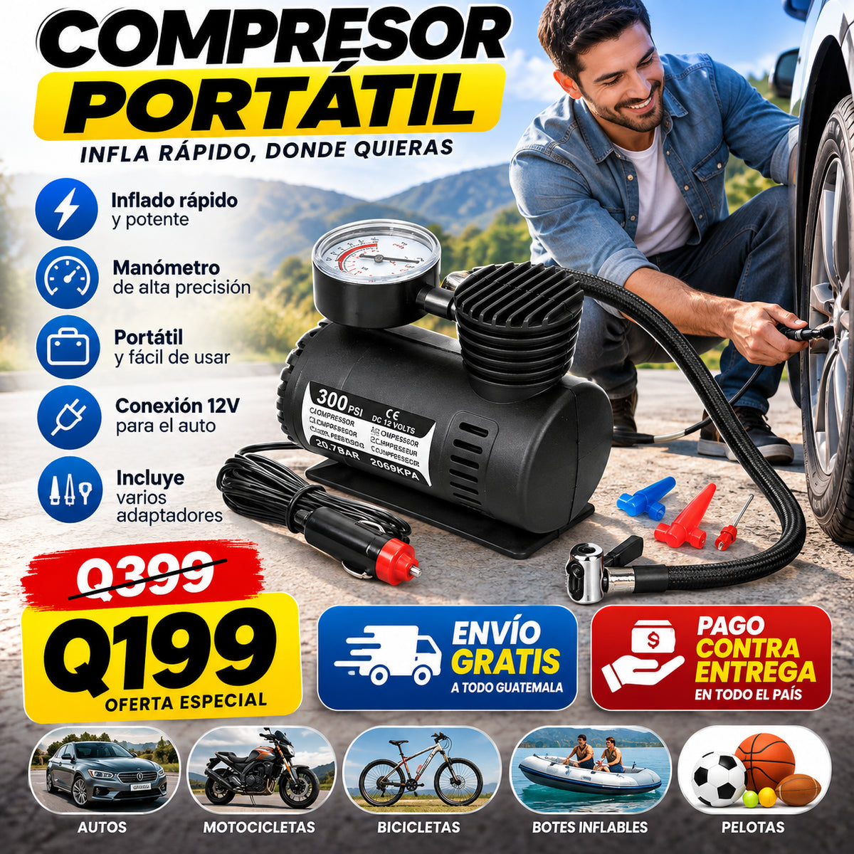 Compresor Portátil 12V – Infla Rápido y Sigue tu Camino